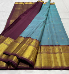 SKY BLUE/MAROON COLOUR ZARI COMBINITION PURE SILK SAREES