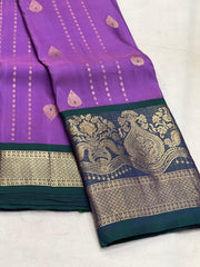 LAVENDER/PEACOCK BLUE COLOUR  ZARI BORDER COMBITION PURE KANCHI SILK SAREE