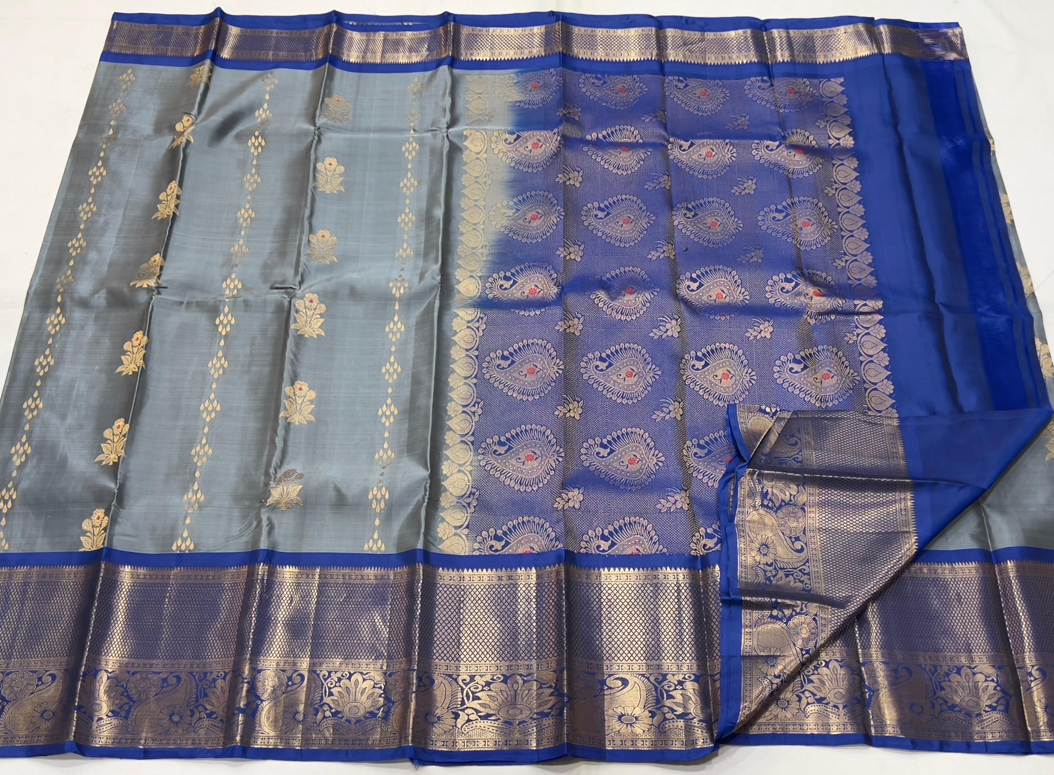 GREY/ROYAL BLUE COLOUR  ZARI BORDER COMBITION PURE KANCHI SILK SAREE