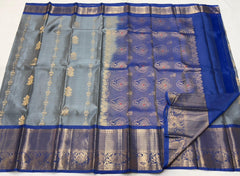 GREY/ROYAL BLUE COLOUR  ZARI BORDER COMBITION PURE KANCHI SILK SAREE