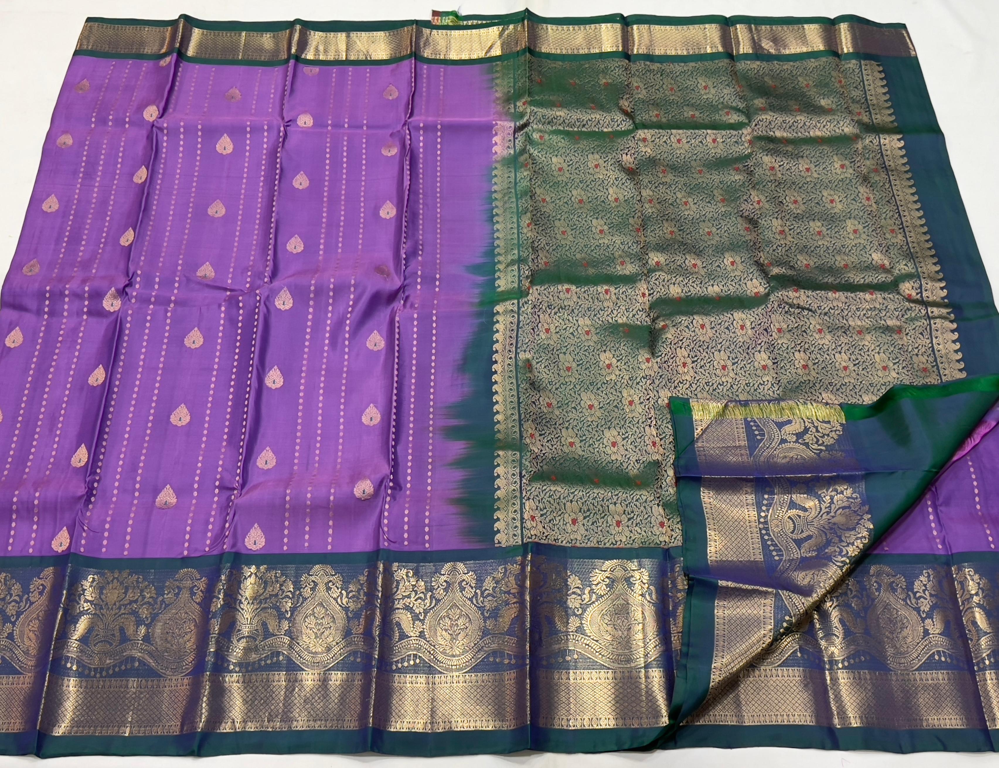 LAVENDER/PEACOCK BLUE COLOUR  ZARI BORDER COMBITION PURE KANCHI SILK SAREE