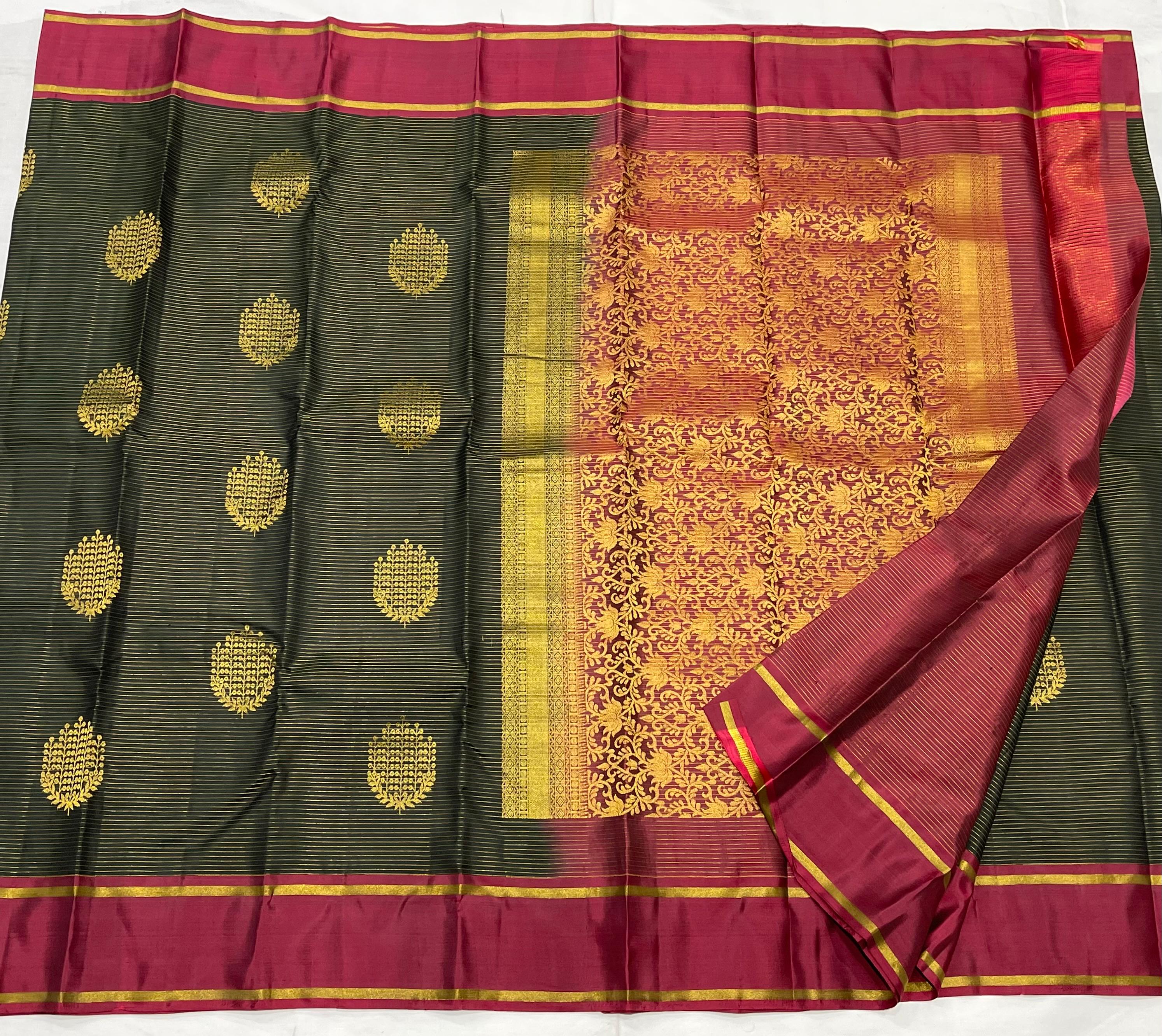 BOTTLE GREEN/MAROON PURE ZARI COLOUR COMBINITION SAREES