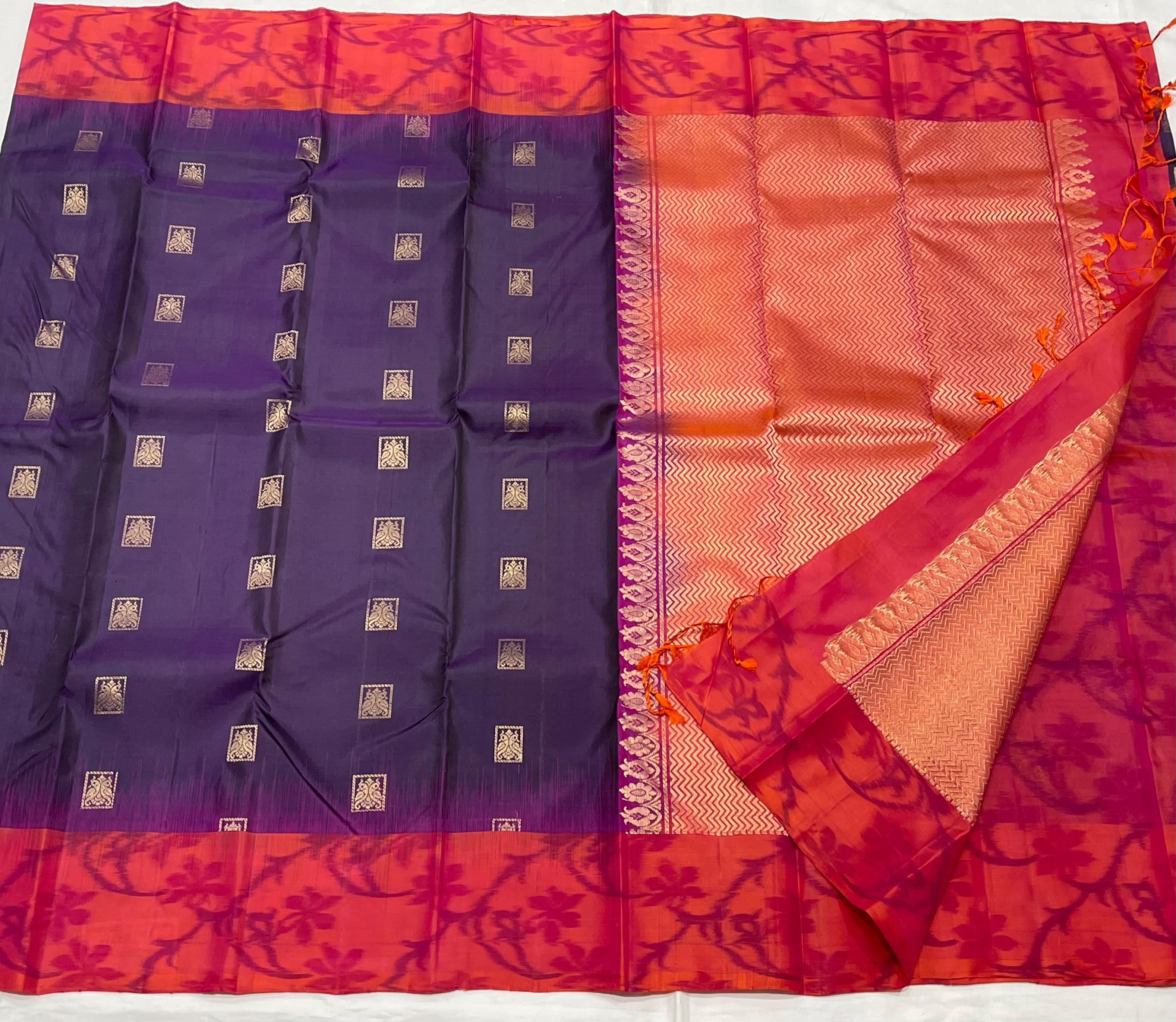 VOILET/RED  COLOUR ZARI COMBINITION PURE SILK SAREES