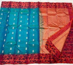 SKY BLUE/RED  COLOUR ZARI COMBINITION PURE SILK SAREES