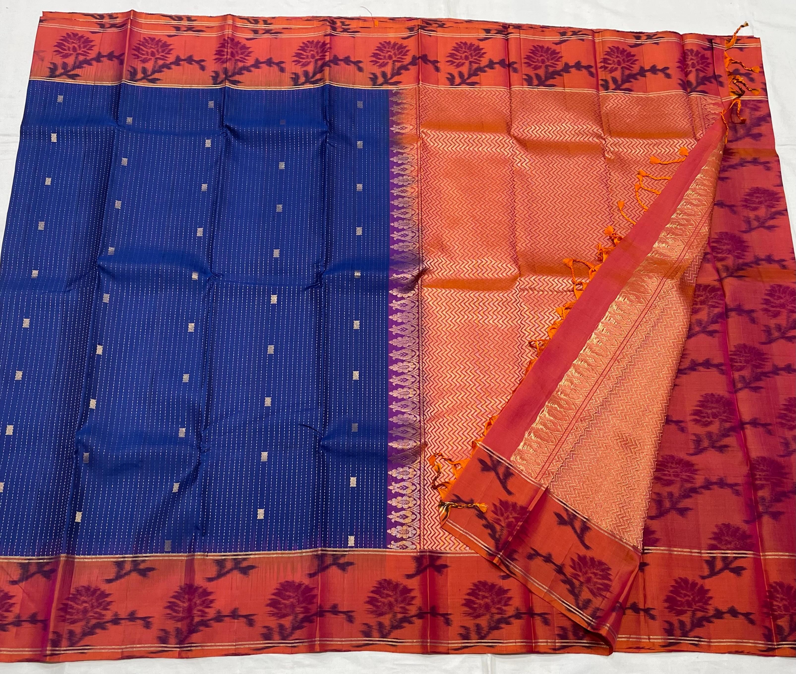 ROYAL BLUE/RED  COLOUR ZARI COMBINITION PURE SILK SAREES