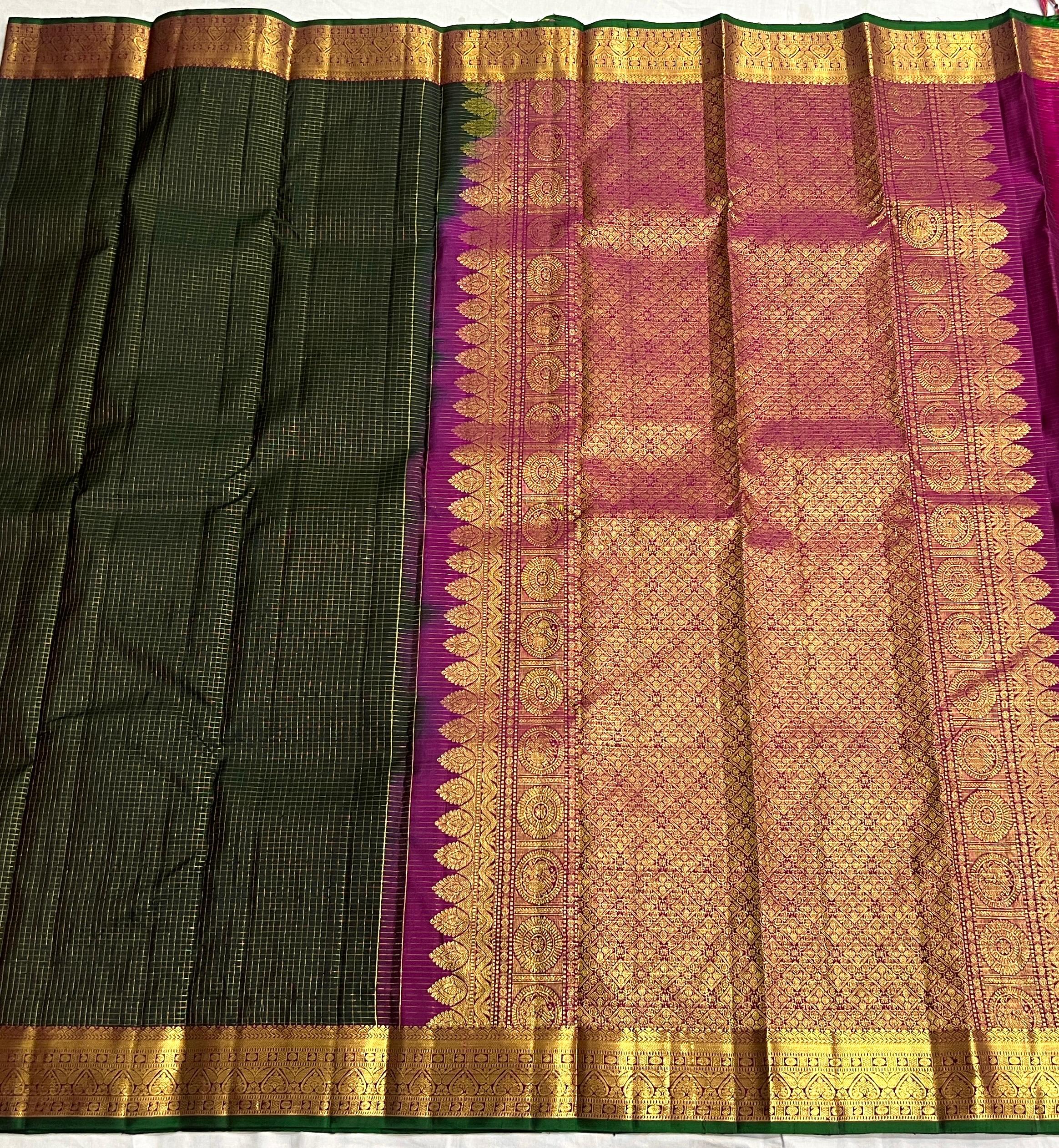 BOTTLE GRREN/PURPLE  COLOUR ZARI COMBINITION PURE SILK SAREES