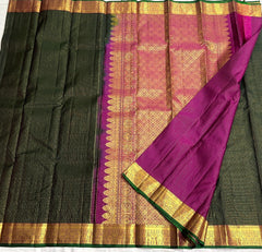 BOTTLE GRREN/PURPLE  COLOUR ZARI COMBINITION PURE SILK SAREES