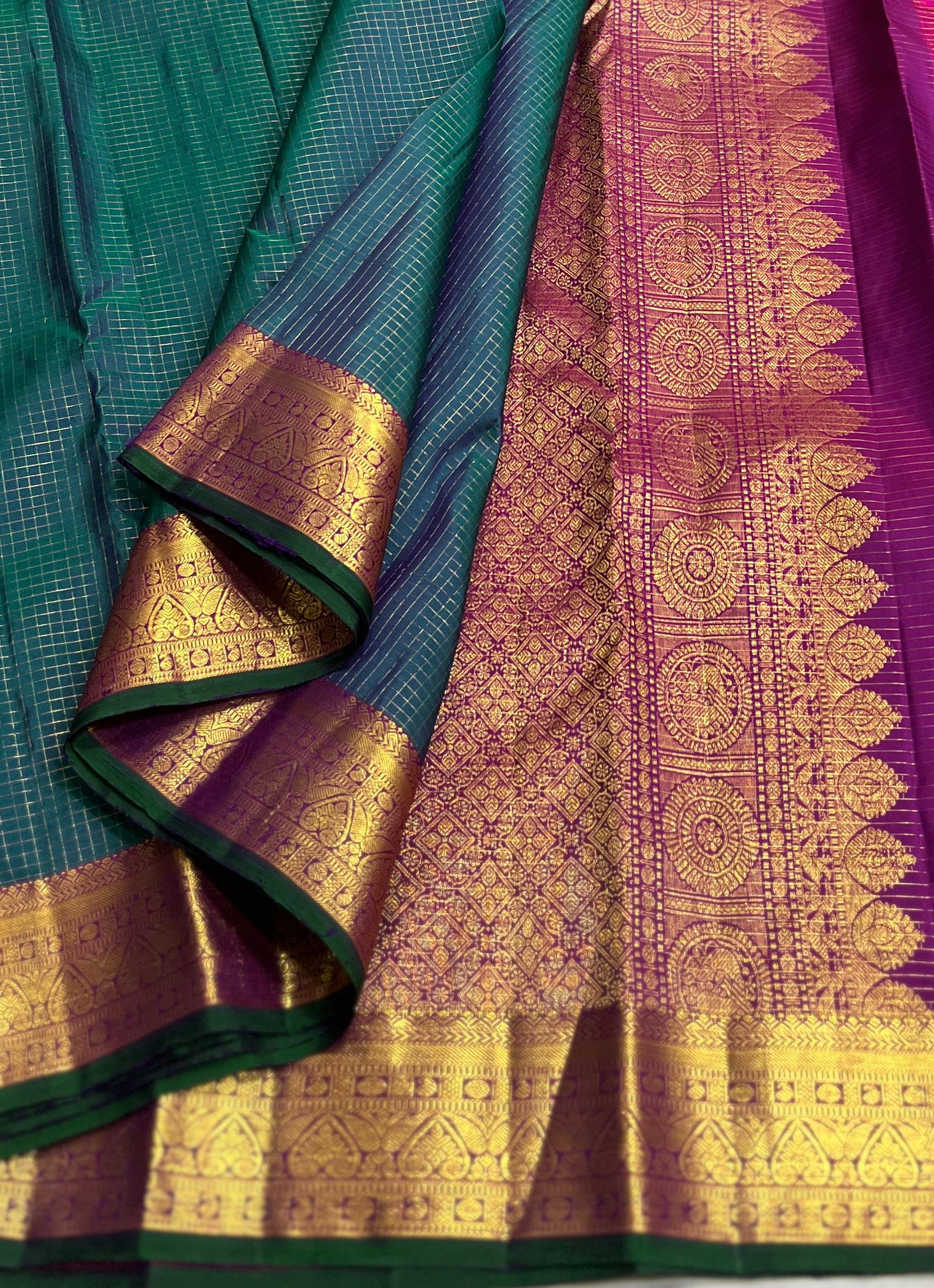 GREEN/PURPLE  COLOUR ZARI COMBINITION PURE SILK SAREES