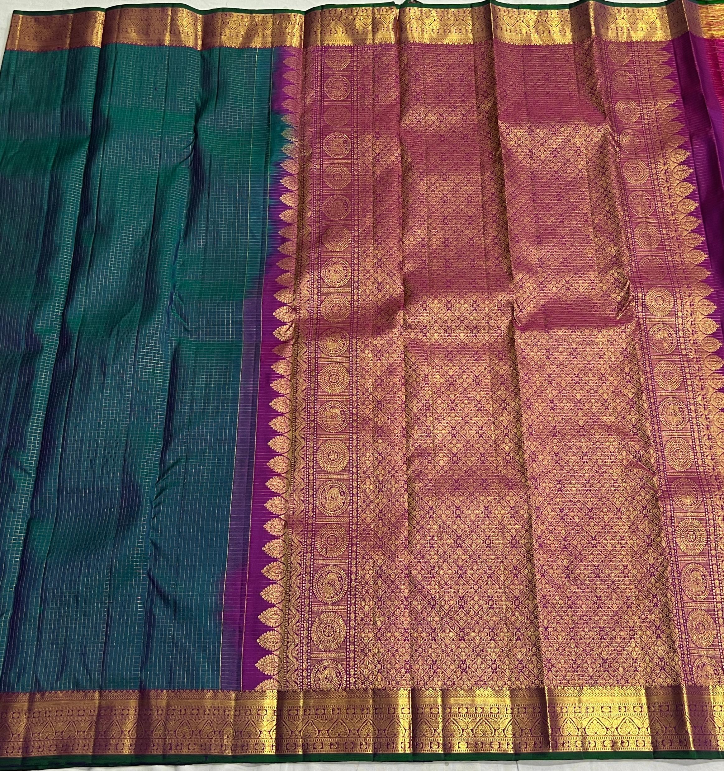 GREEN/PURPLE  COLOUR ZARI COMBINITION PURE SILK SAREES