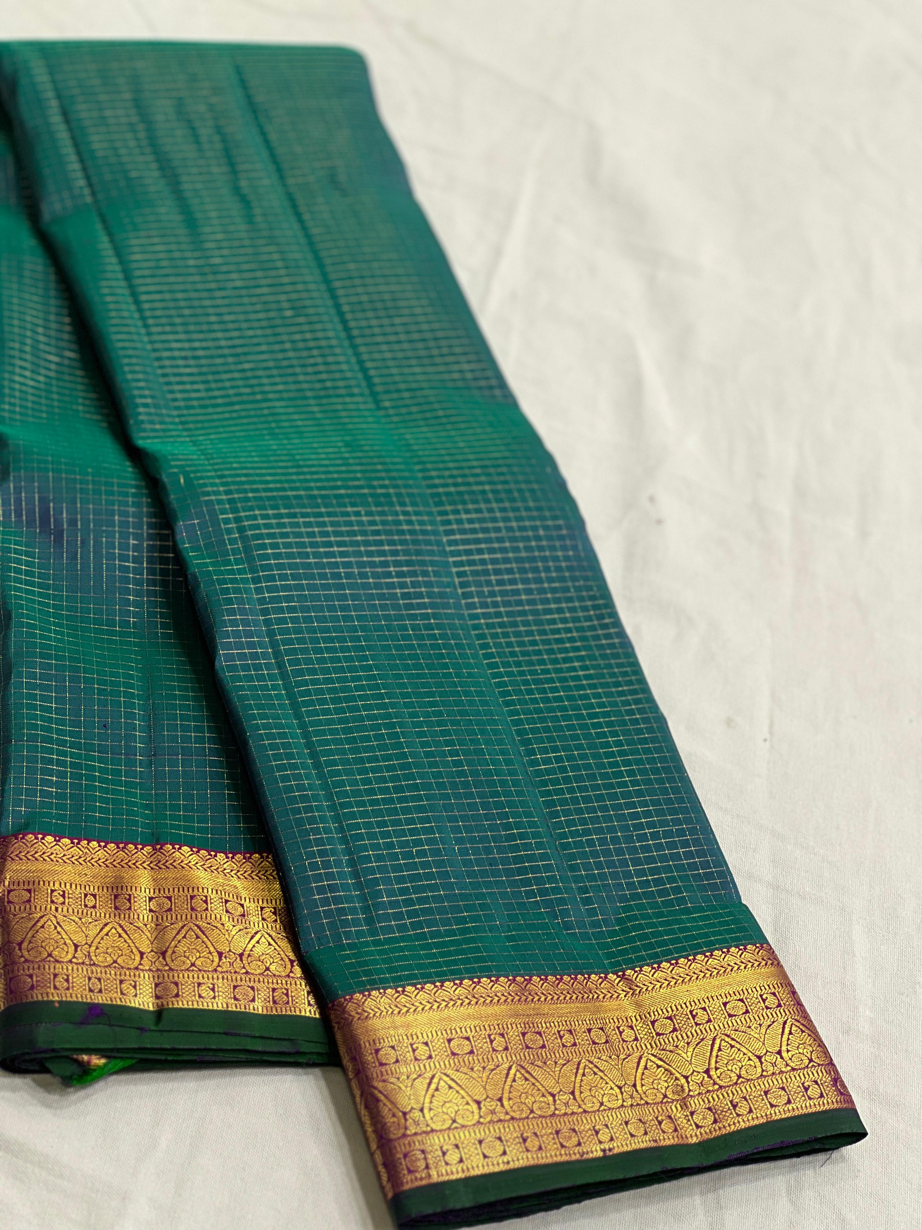 GREEN/PURPLE  COLOUR ZARI COMBINITION PURE SILK SAREES