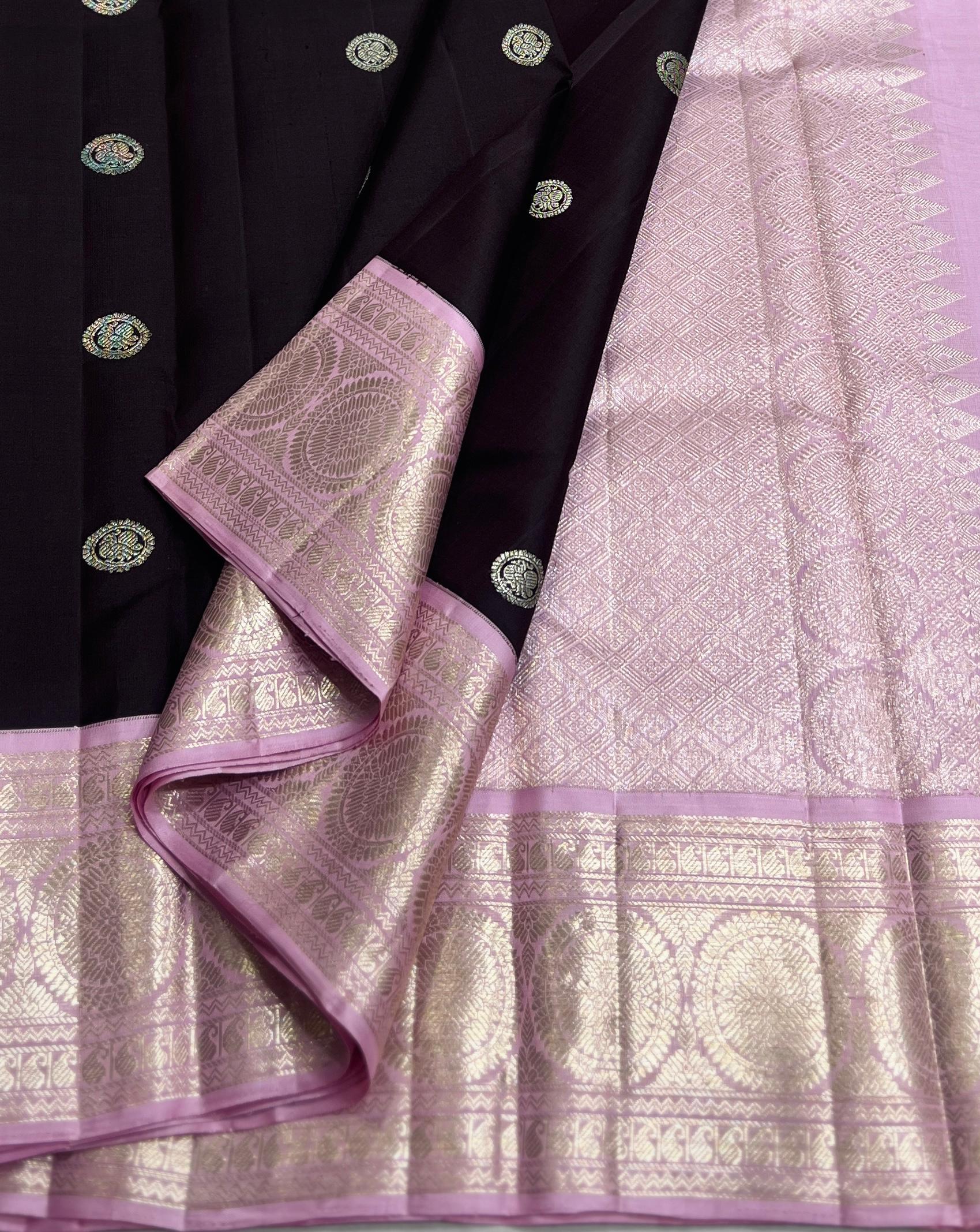 BLACK/LILAC  COLOUR ZARI COMBINITION PURE SILK SAREES