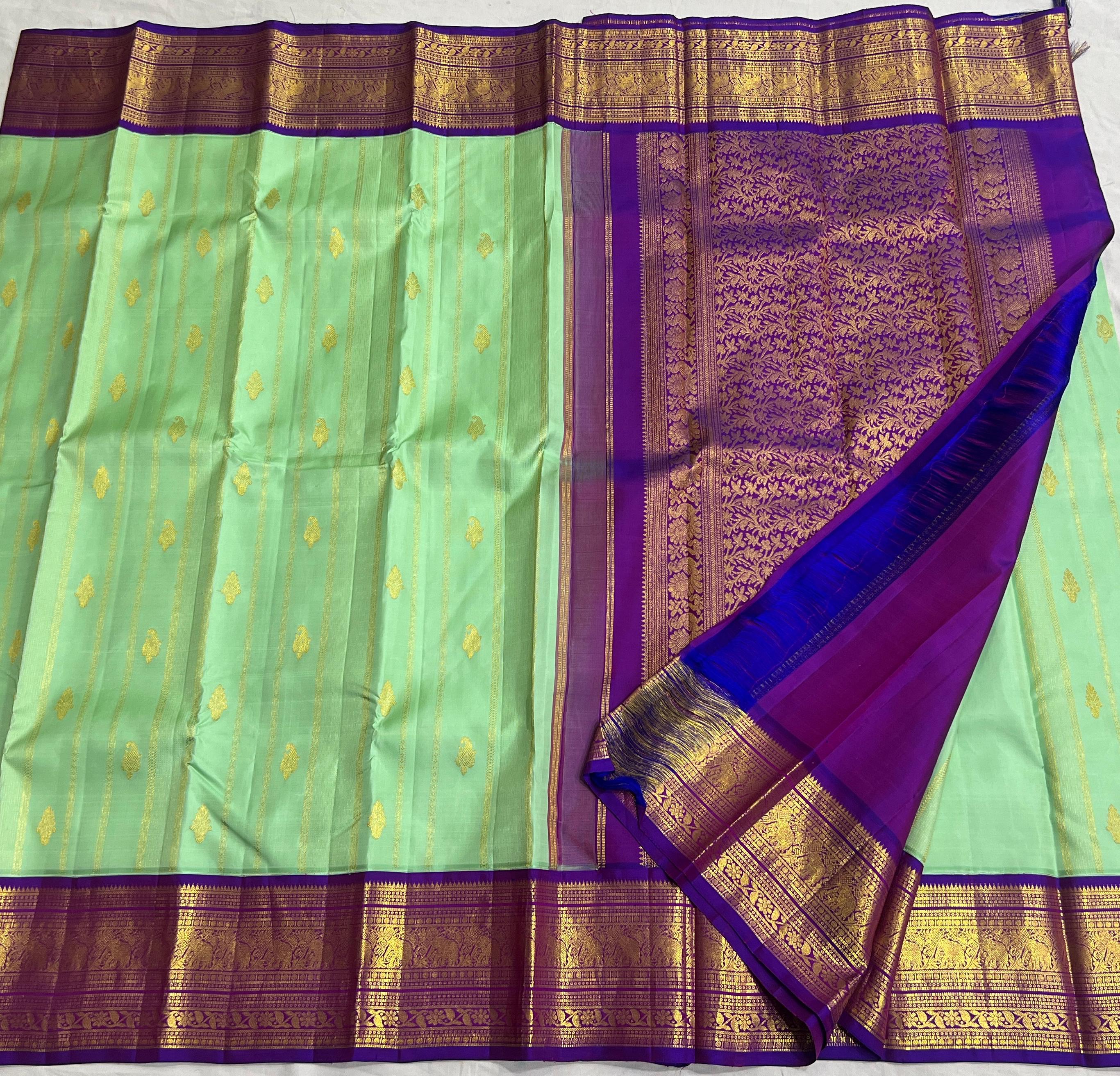 LITE PISTA GREEN/PURPLE COLOUR ZARI COMBINITION PURE SILK SAREES