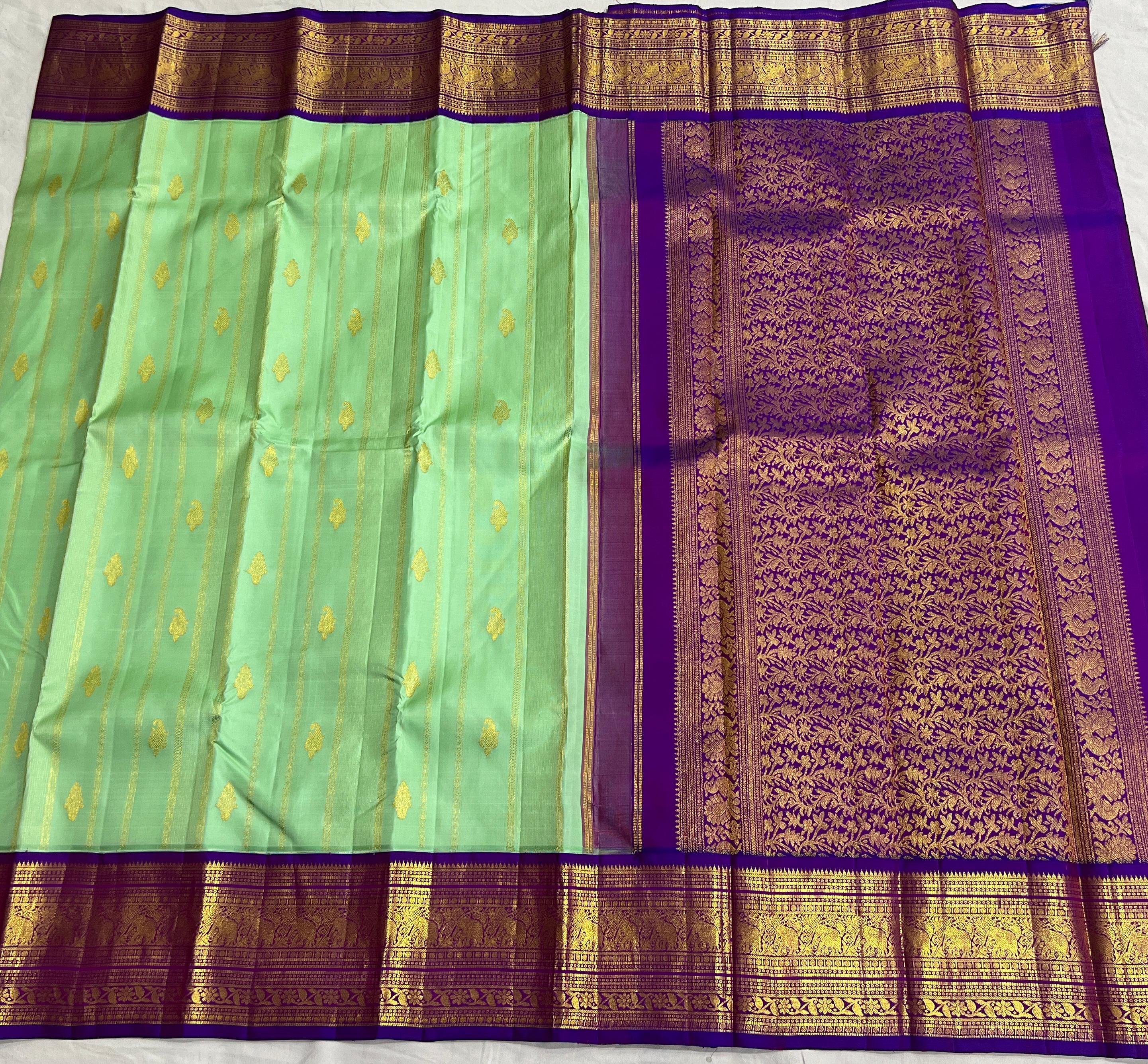 LITE PISTA GREEN/PURPLE COLOUR ZARI COMBINITION PURE SILK SAREES