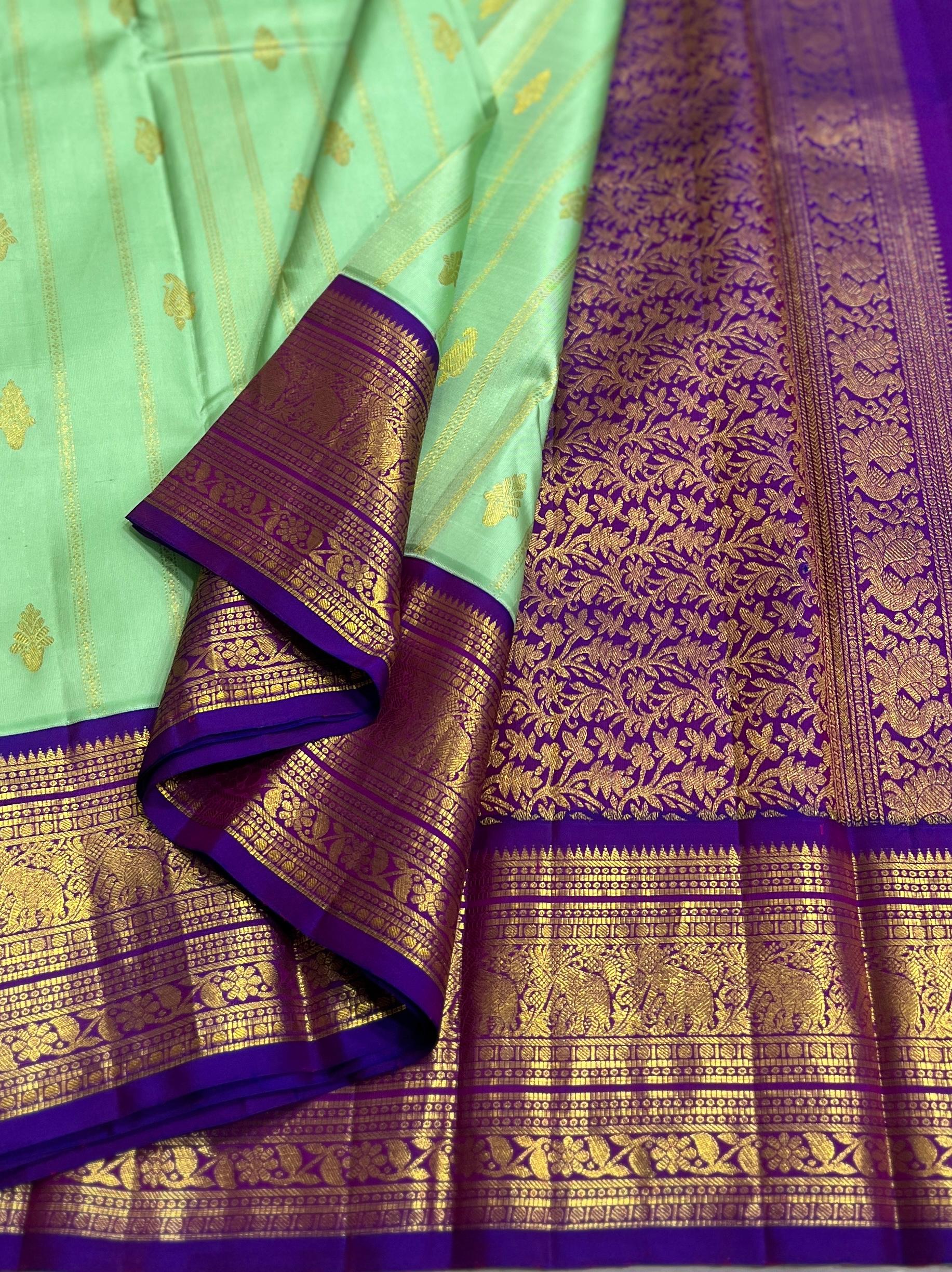 LITE PISTA GREEN/PURPLE COLOUR ZARI COMBINITION PURE SILK SAREES