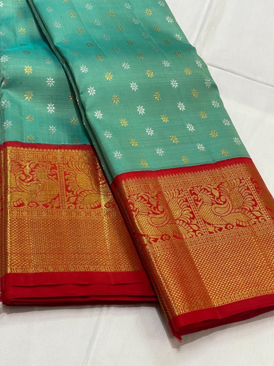 SEA GREEN/RED  COLOUR ZARI COMBINITION PURE SILK SAREES