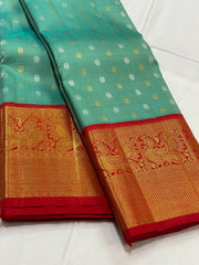 SEA GREEN/RED  COLOUR ZARI COMBINITION PURE SILK SAREES