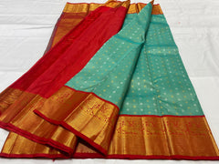 SEA GREEN/RED  COLOUR ZARI COMBINITION PURE SILK SAREES