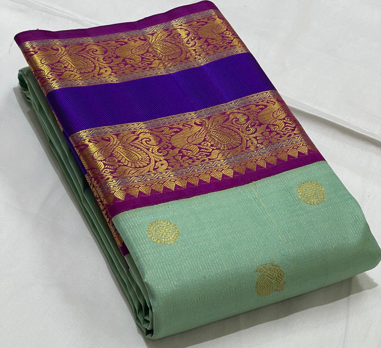 PISTA GREEN/PURPLE  COLOUR ZARI COMBINITION PURE SILK SAREES