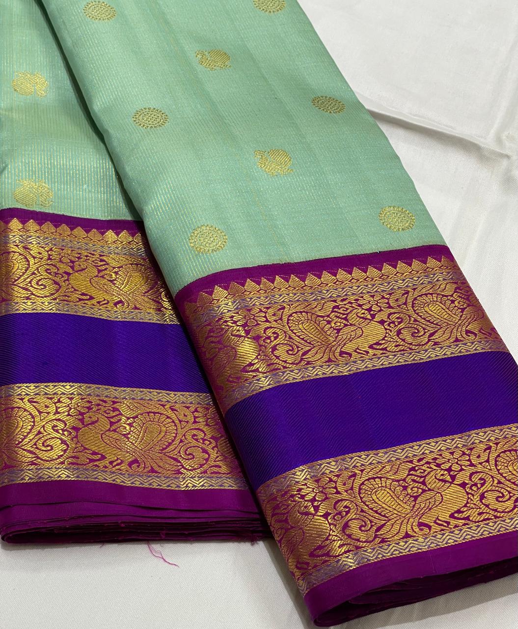 PISTA GREEN/PURPLE  COLOUR ZARI COMBINITION PURE SILK SAREES