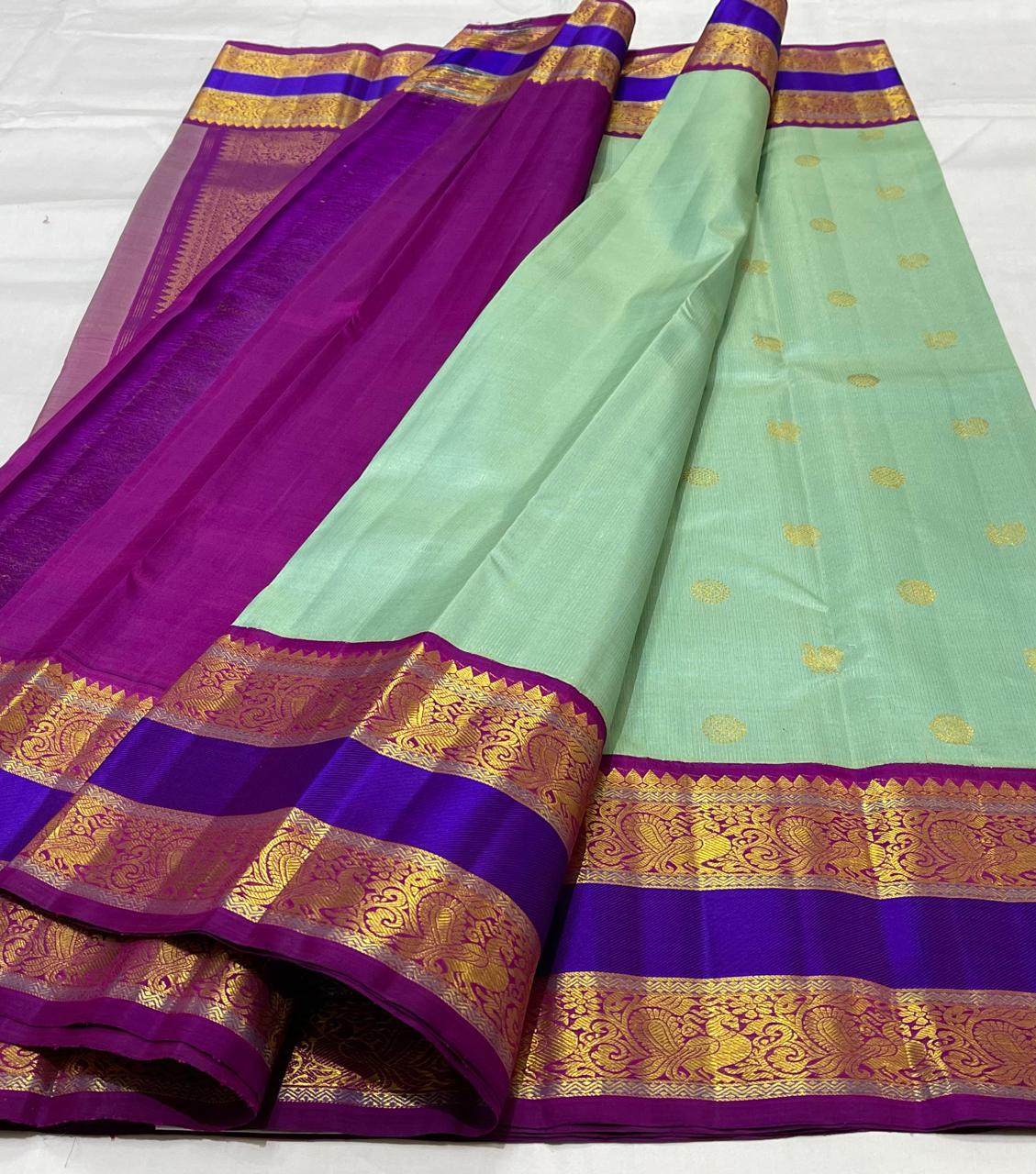 PISTA GREEN/PURPLE  COLOUR ZARI COMBINITION PURE SILK SAREES