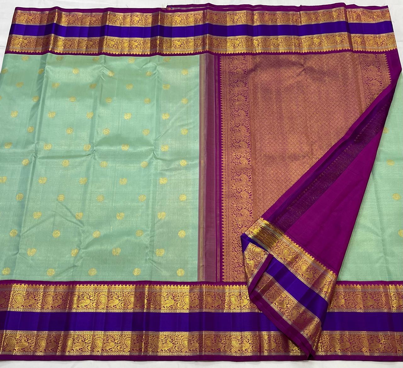 PISTA GREEN/PURPLE  COLOUR ZARI COMBINITION PURE SILK SAREES