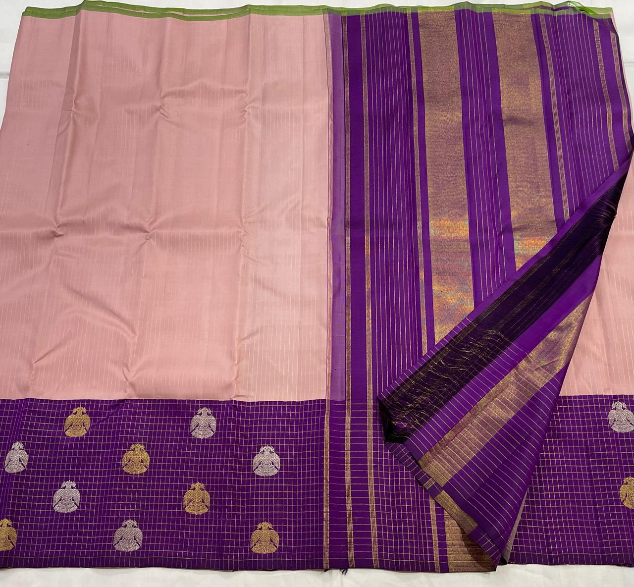 PEACH/VOILET  COLOUR ZARI COMBINITION PURE SILK SAREES