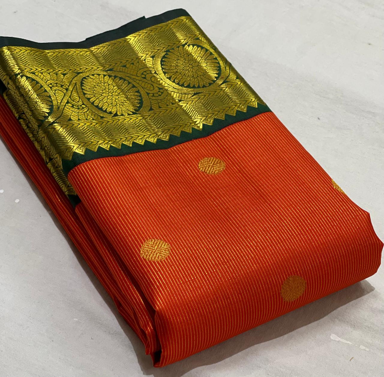 ORANGE/BOTTLE GREEN  COLOUR ZARI COMBINITION PURE SILK SAREES