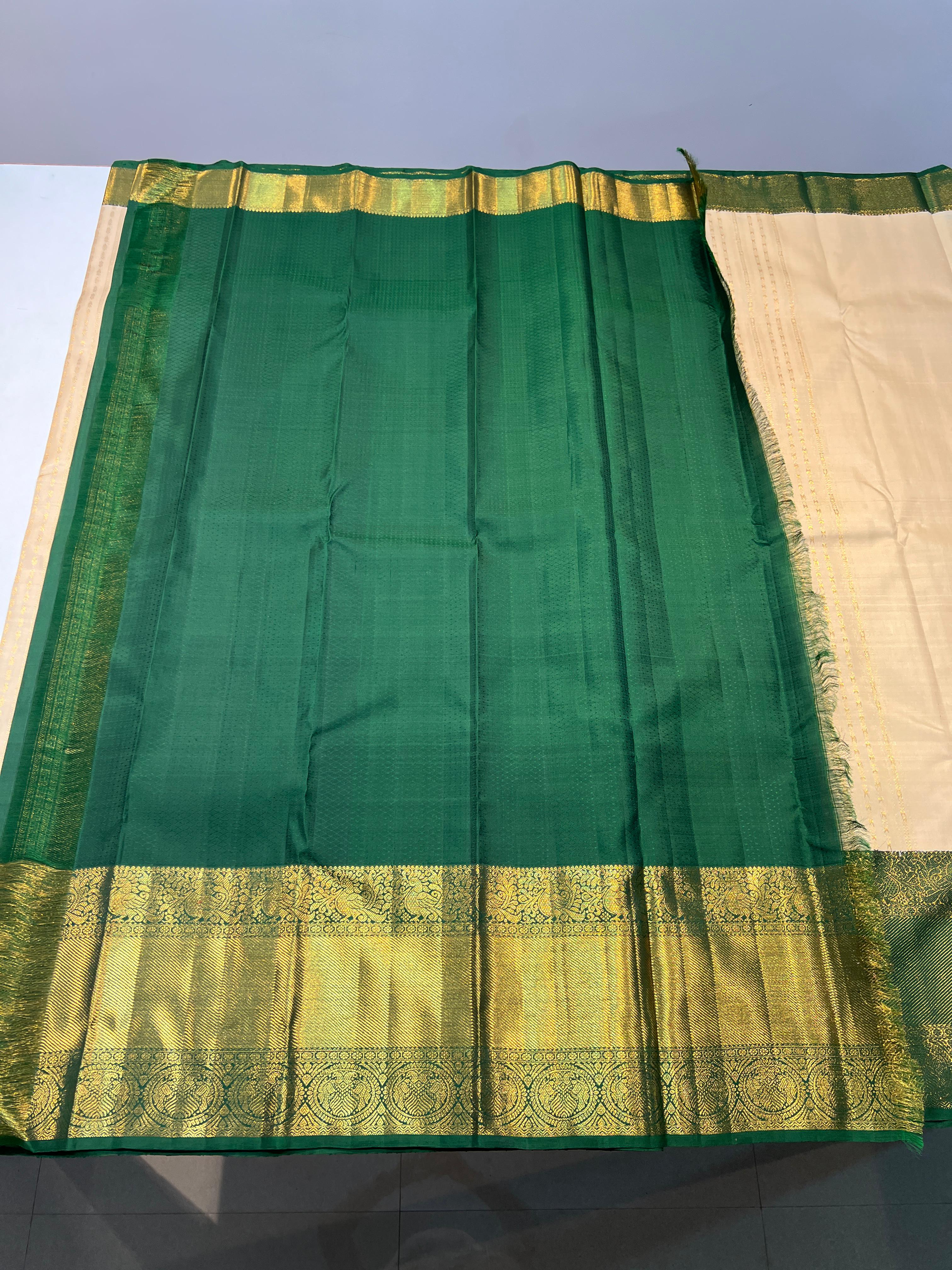 CREAM/DARK GREEN KANCHI SILK SAREES