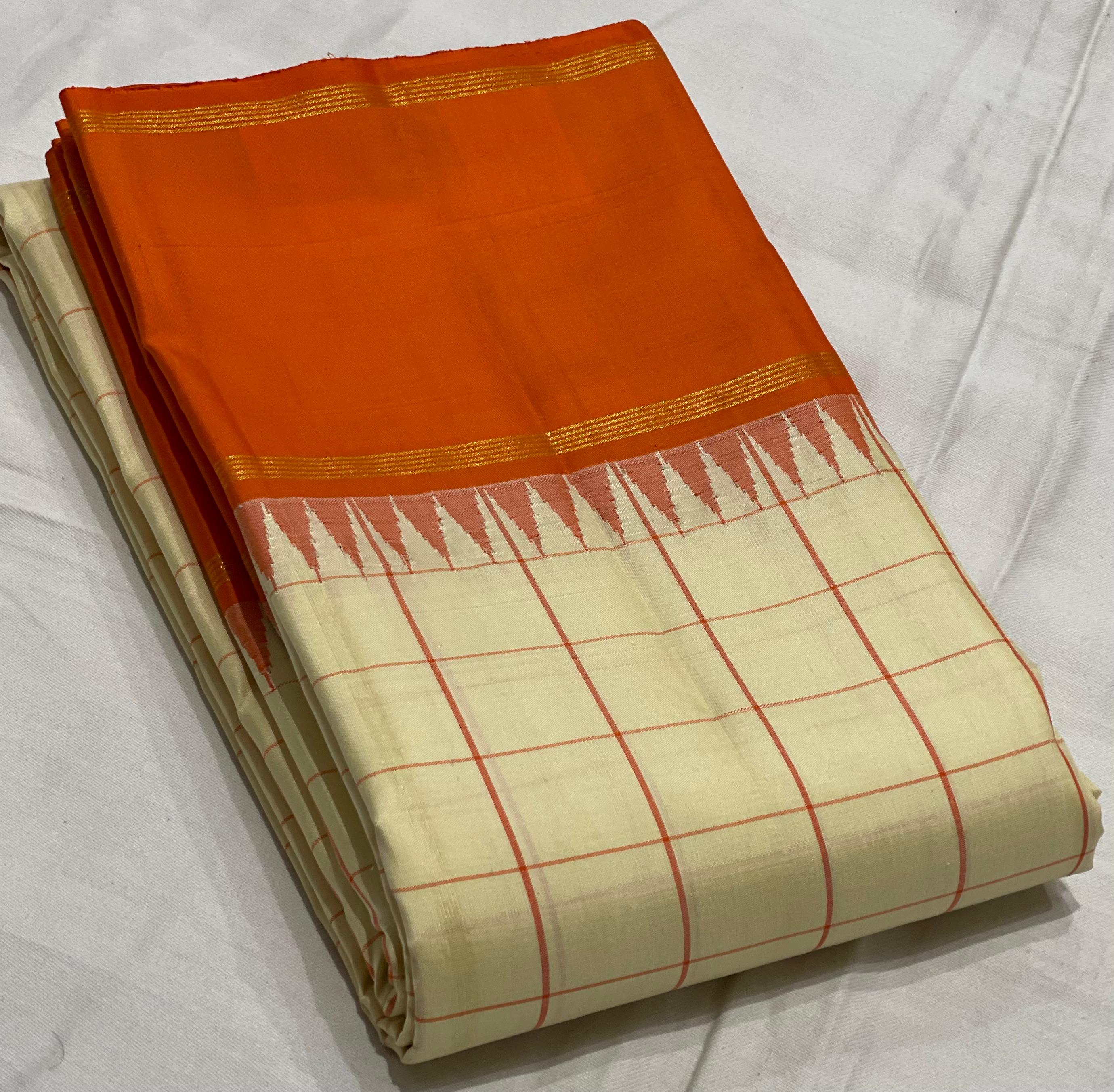 CREAM/ORANGE TEMPLE BOARDER SAREE