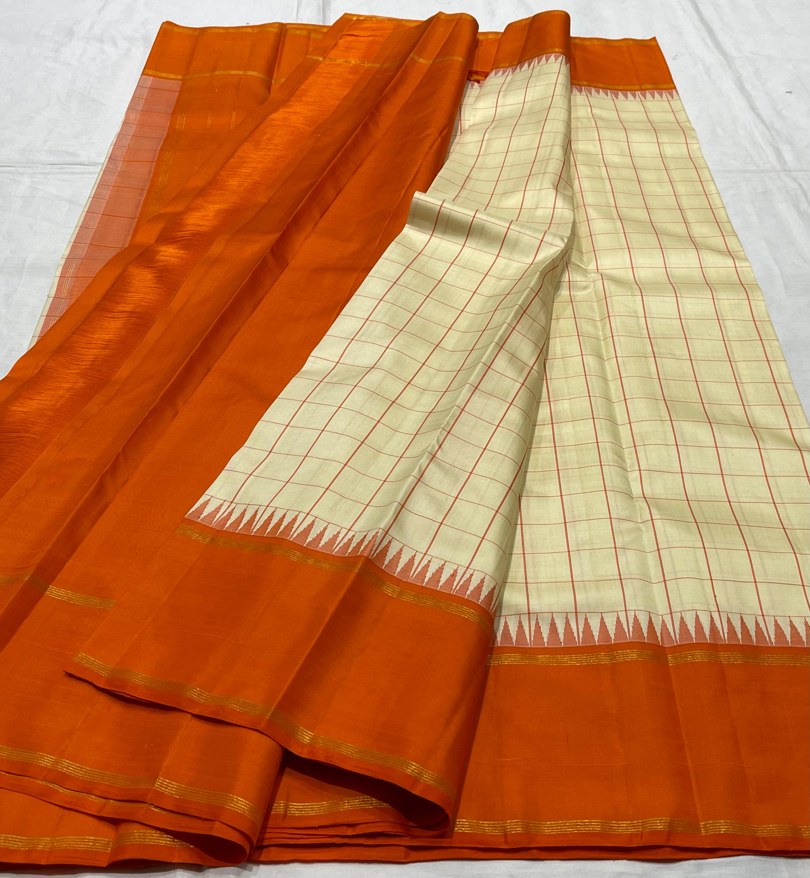 CREAM/ORANGE TEMPLE BOARDER SAREE