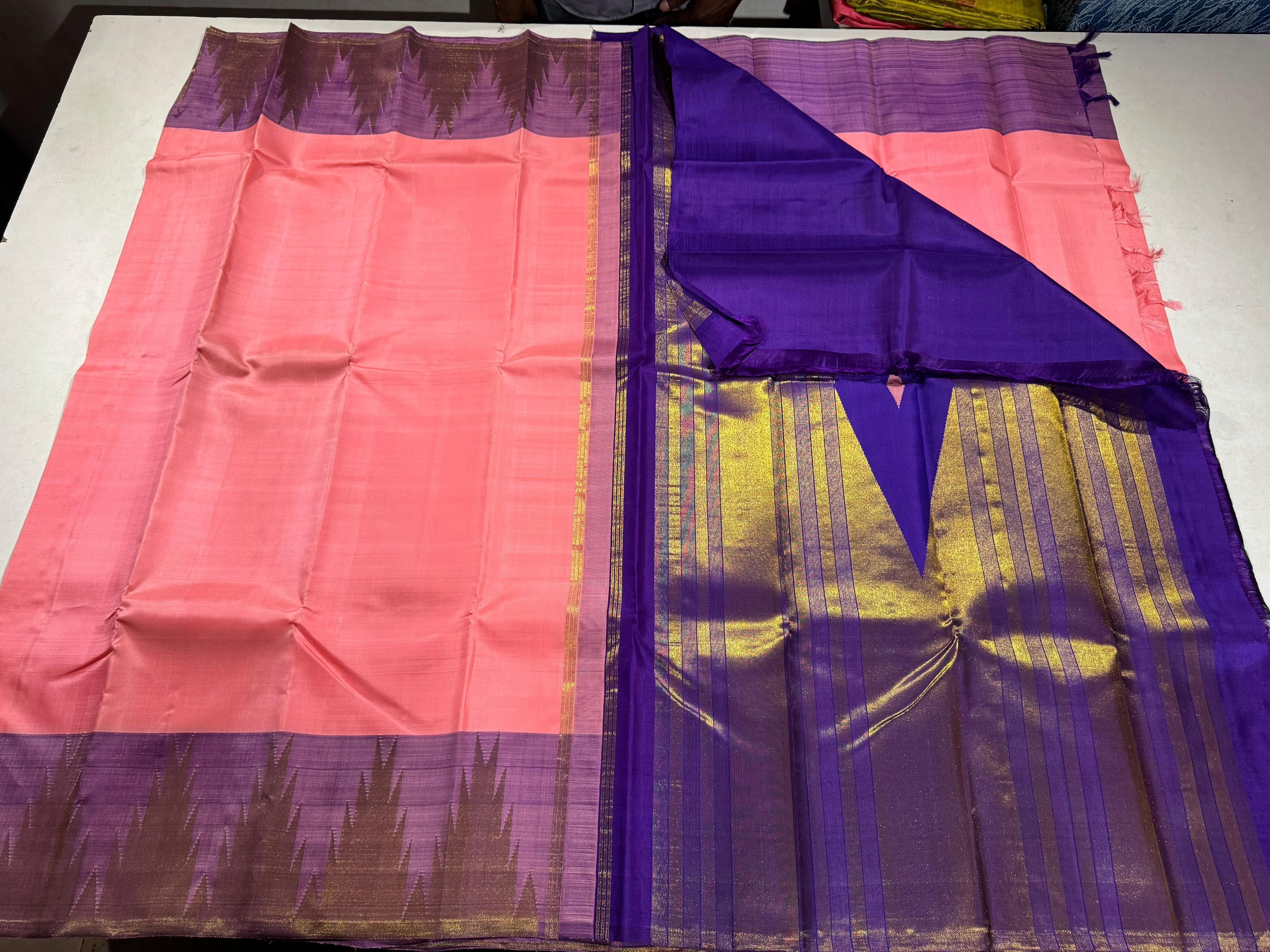 PEACH/PURPLE  COLOUR ZARI COMBINITION PURE SILK SAREES