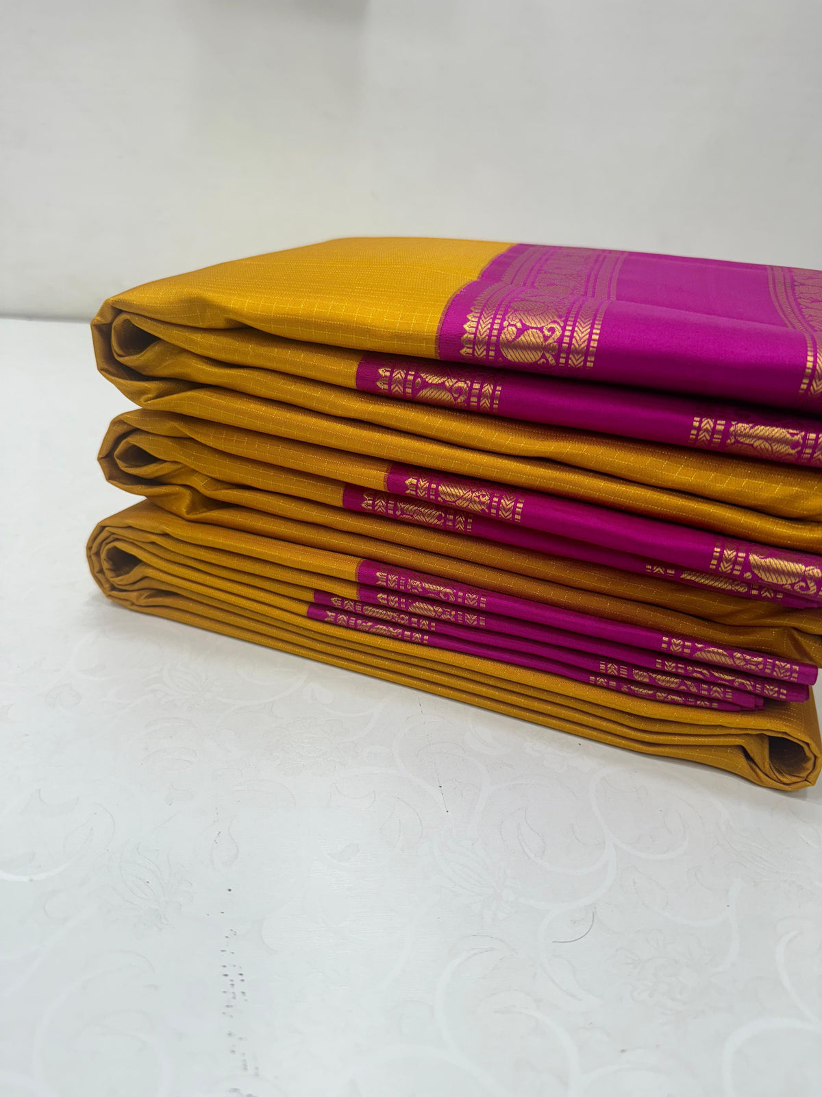 MUSTARD YELLOW/PINK  COLOUR ZARI COMBINITION PURE SILK SAREES