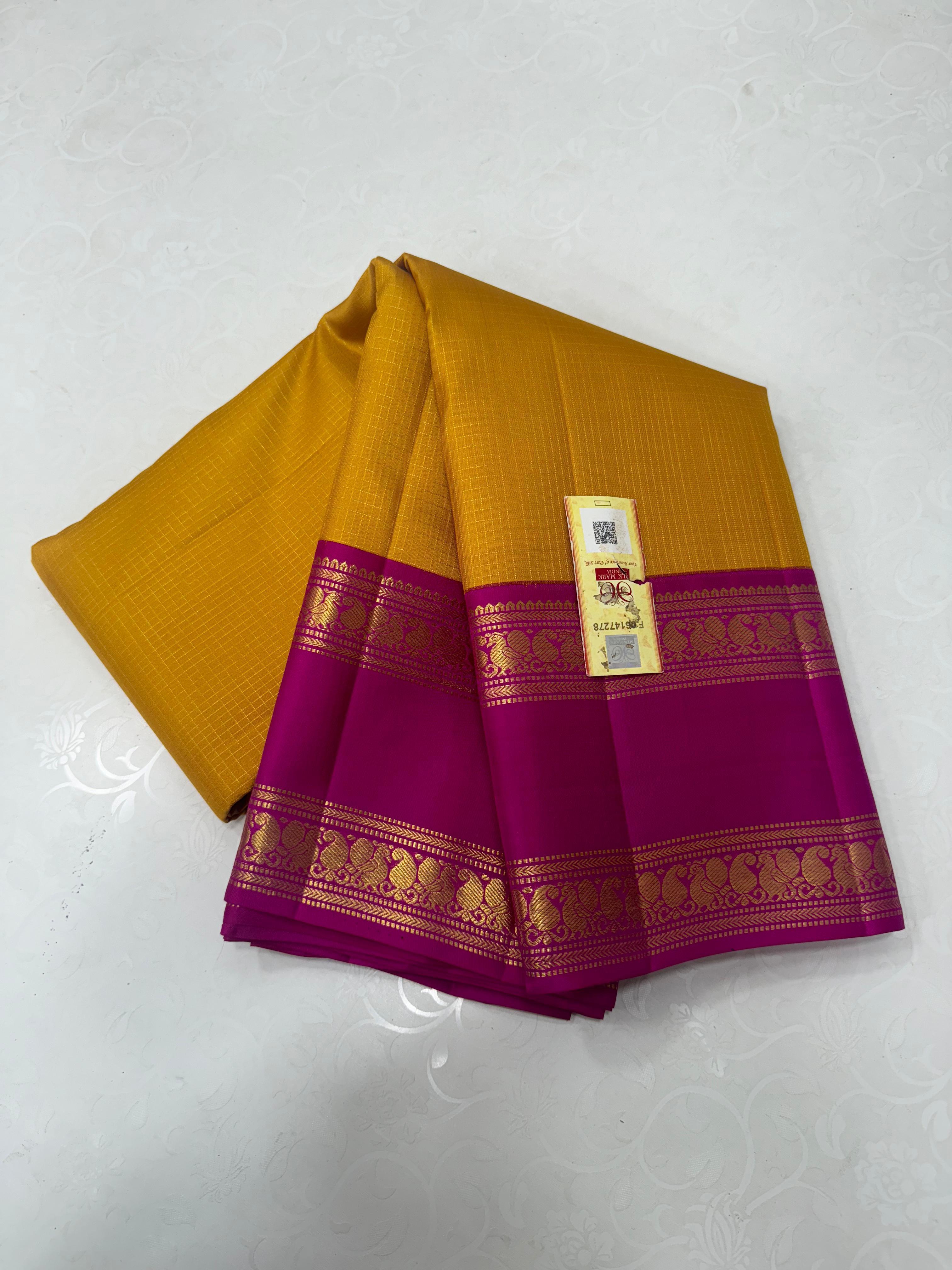 MUSTARD YELLOW/PINK  COLOUR ZARI COMBINITION PURE SILK SAREES