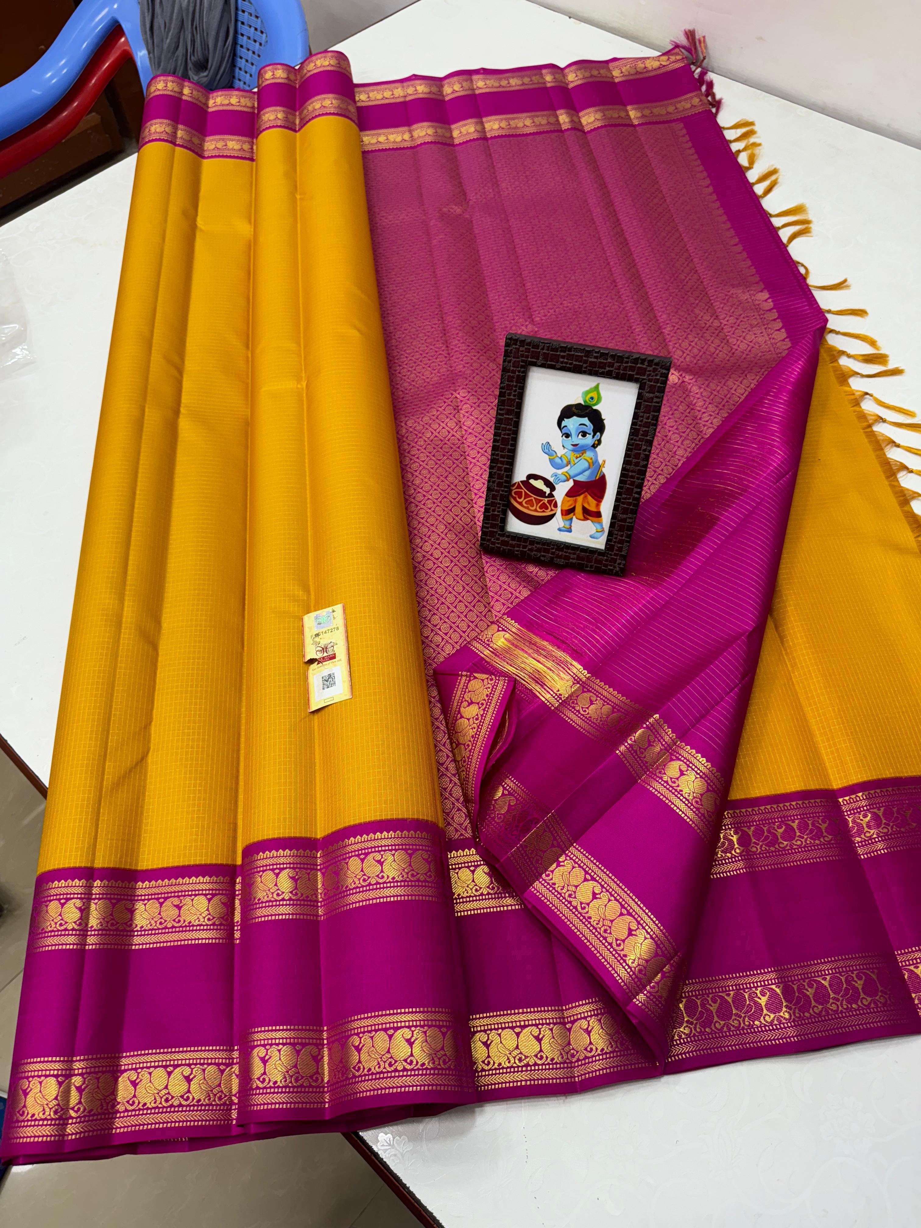 MUSTARD YELLOW/PINK  COLOUR ZARI COMBINITION PURE SILK SAREES