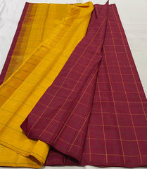 DARK RED & YELLOW COLOUR CHECKS \ CLASSIC BORDERLESS KANCHI SILK SAREE