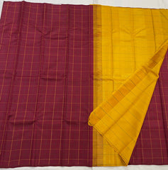 DARK RED & YELLOW COLOUR CHECKS \ CLASSIC BORDERLESS KANCHI SILK SAREE