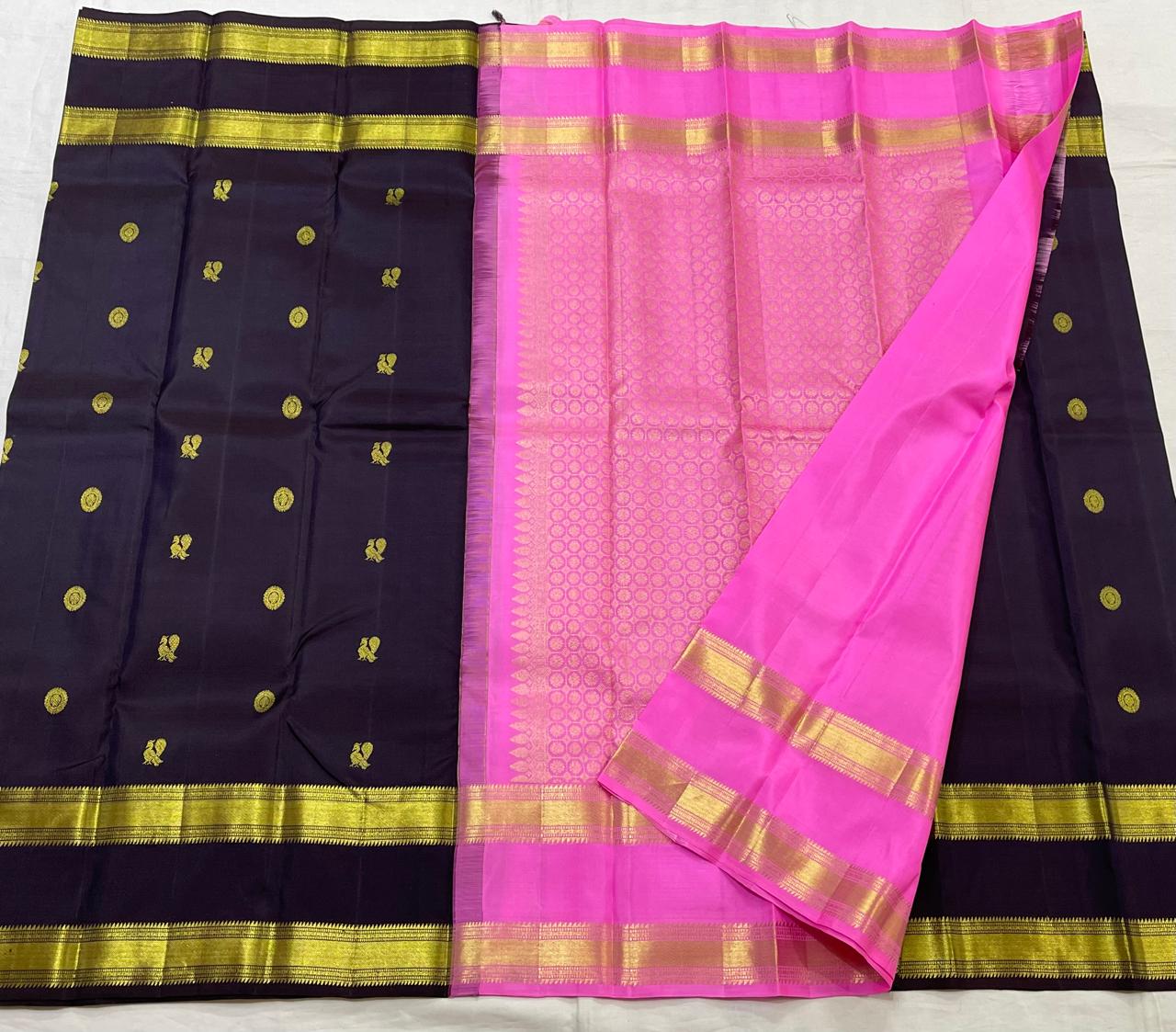 DARK PURPLE & PINK COLOUR \ GOLD BORDER KACHI SLIK SAREES