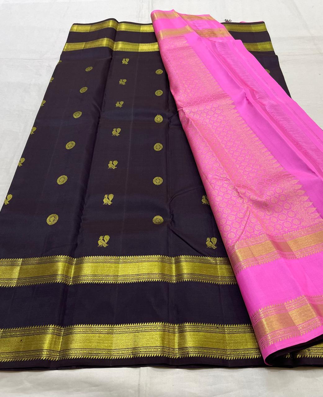 DARK PURPLE & PINK COLOUR \ GOLD BORDER KACHI SLIK SAREES