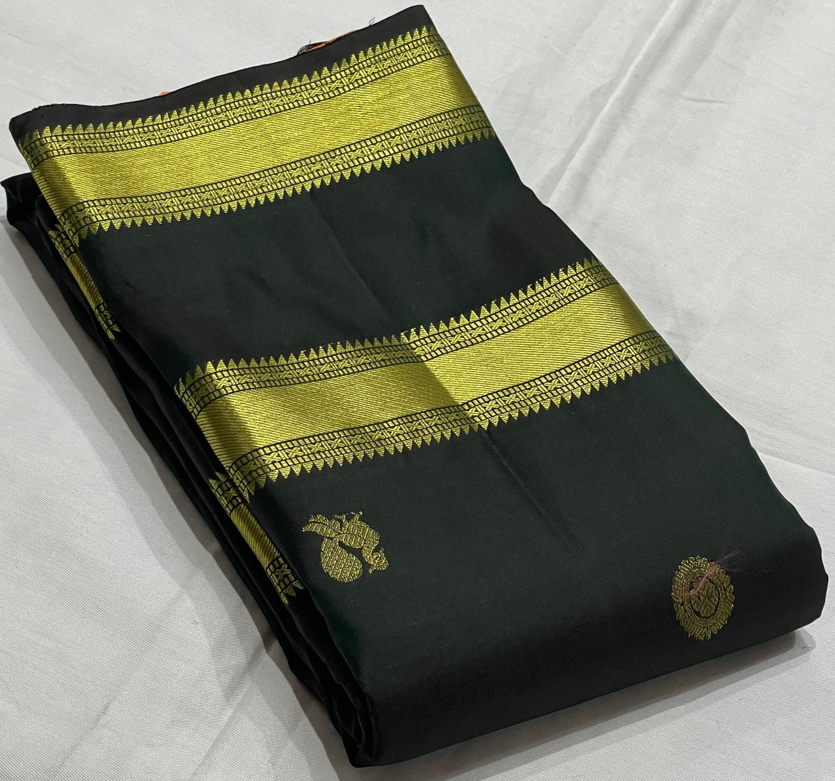 DARK GREEN & ORANGE COLOR \ GOLD BORDER KANCHI SILK SAREE