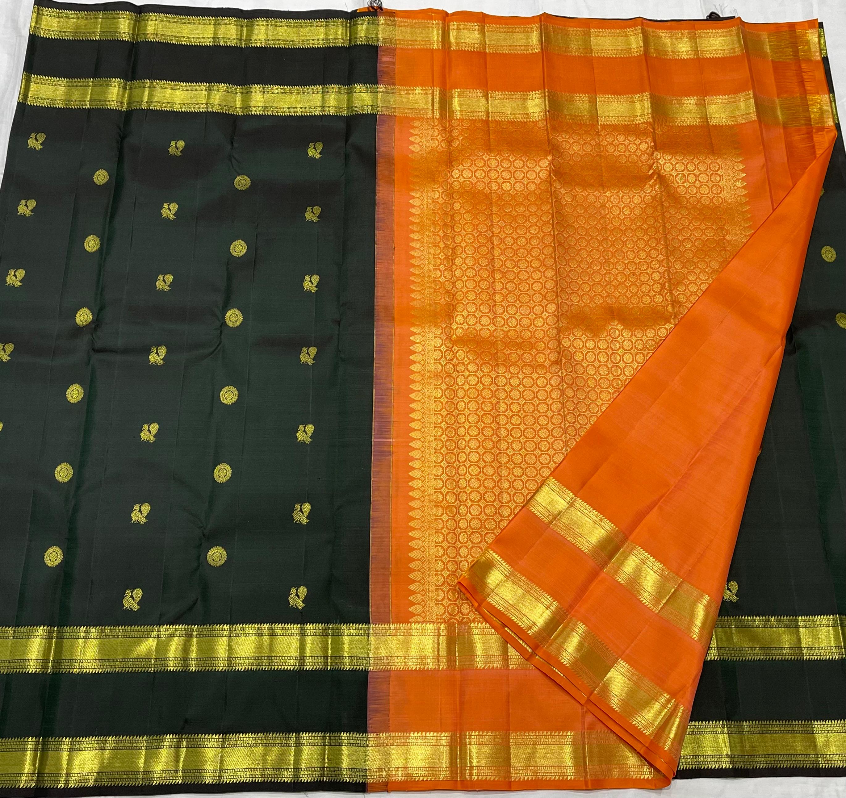 DARK GREEN & ORANGE COLOR \ GOLD BORDER KANCHI SILK SAREE