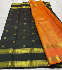 DARK GREEN & ORANGE COLOR \ GOLD BORDER KANCHI SILK SAREE