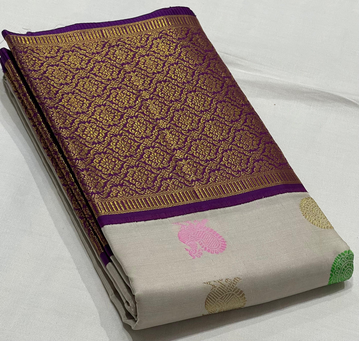 WHITE COLOUR\PRUPLE & GOLDBORDER SAREES