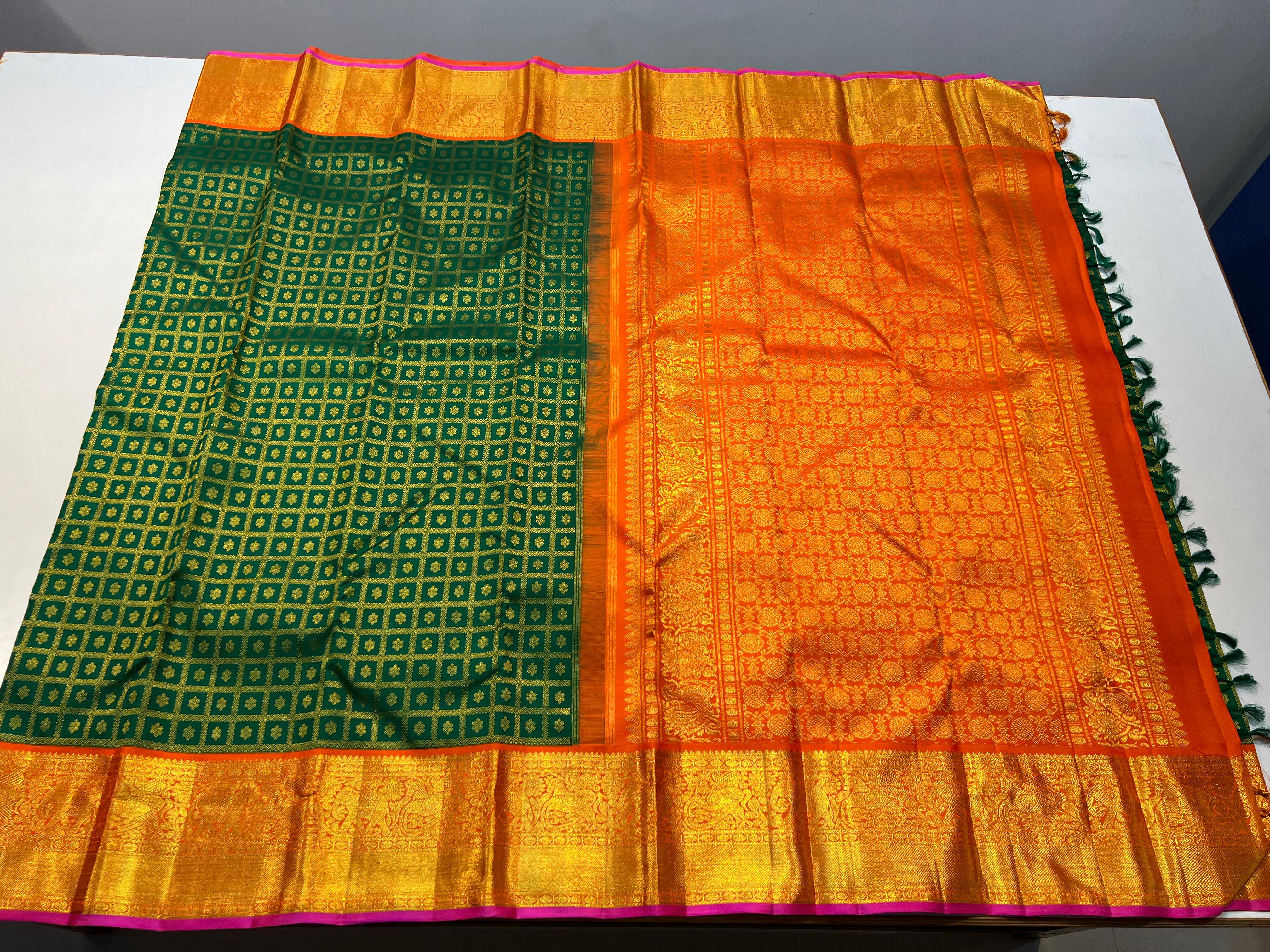 GREEN & ORANGE COLOUR COMBITION KANCHIPURAM SAREE