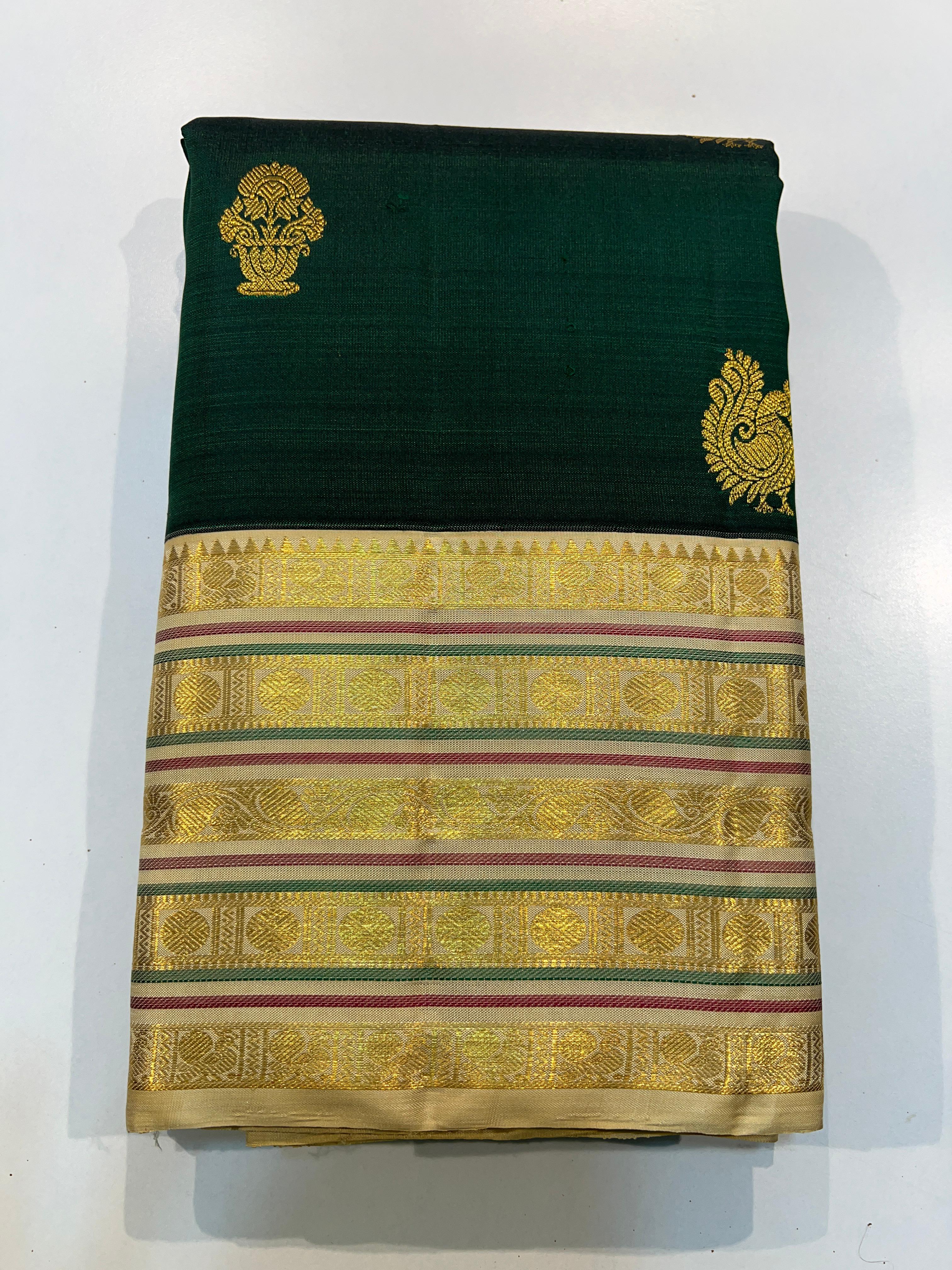 DARK GREEN \ GOLD BORDER GRAM PURE ZARI KANCHIPURAM SAREE