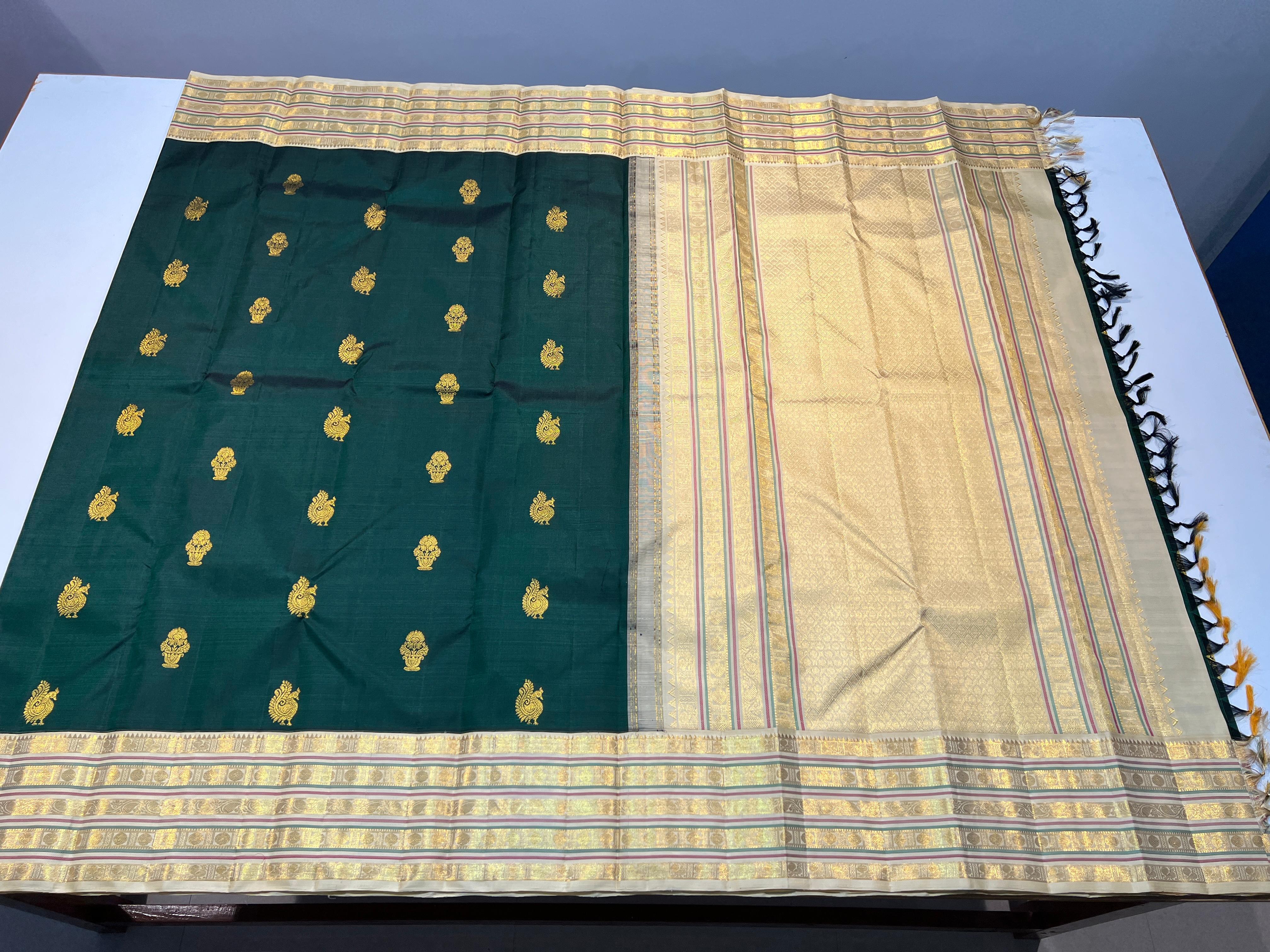 DARK GREEN \ GOLD BORDER GRAM PURE ZARI KANCHIPURAM SAREE