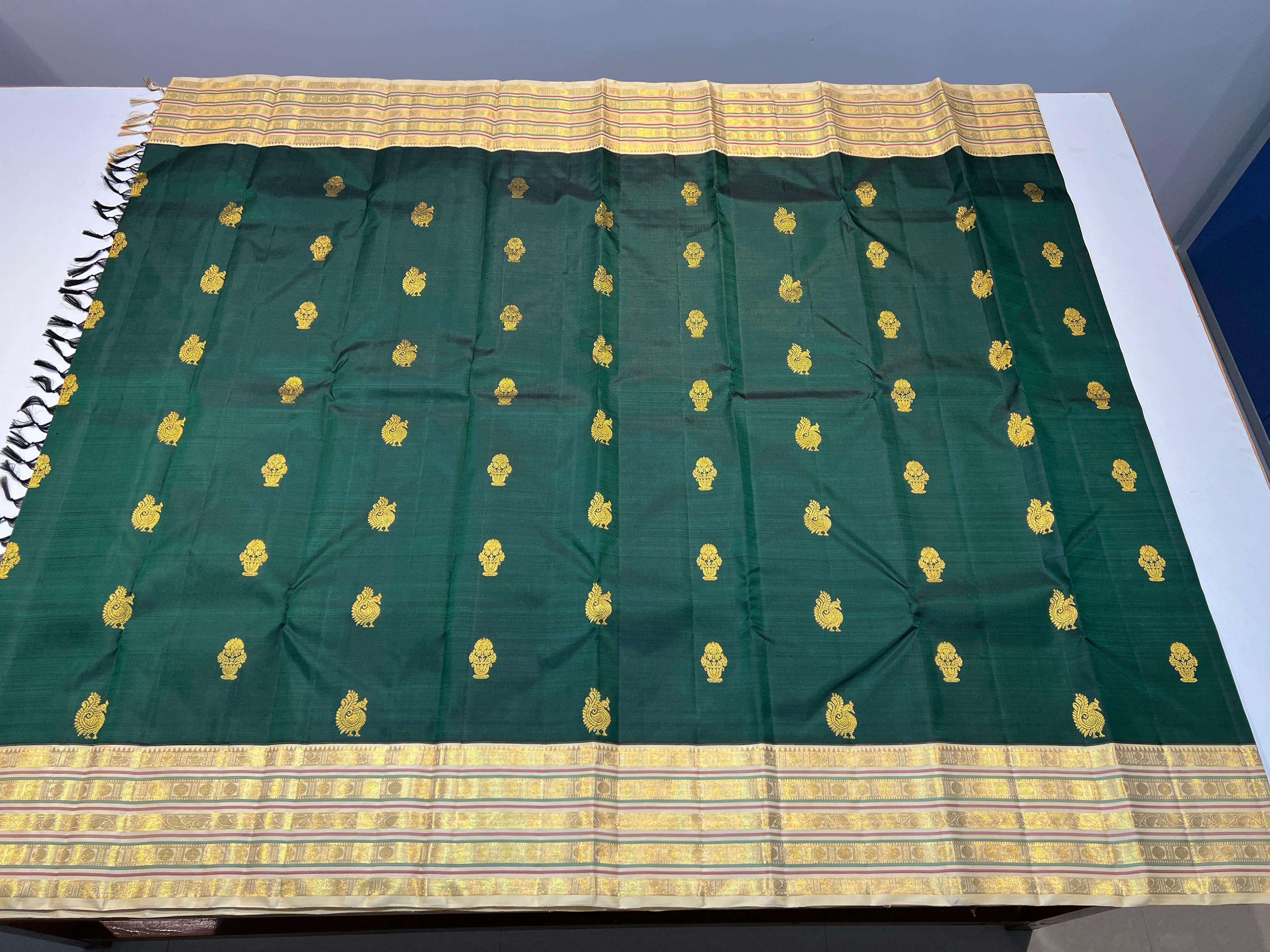 DARK GREEN \ GOLD BORDER GRAM PURE ZARI KANCHIPURAM SAREE