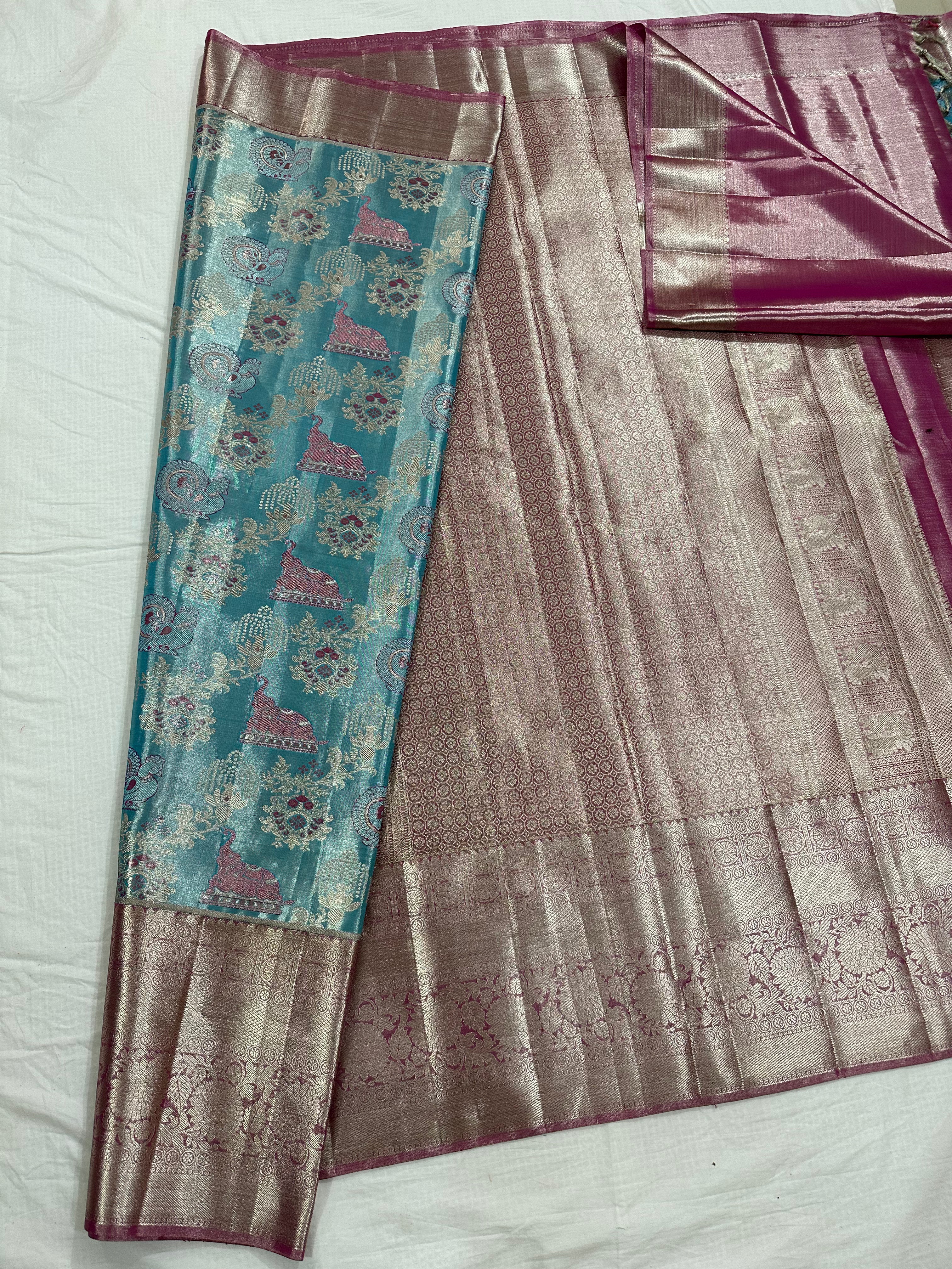 SEA BLUE / PINK KANCHI SAREE