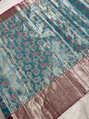 SEA BLUE / PINK KANCHI SAREE