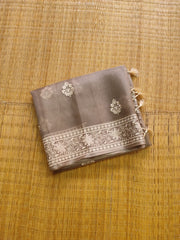 BROWN COLOUR PURE ORGANZA SILK EMBROIDERY BORDER BUTA