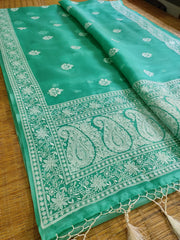 DARK GREEN COLOUR PURE ORGANZA SILK EMBROIDERY BORDER BUTA